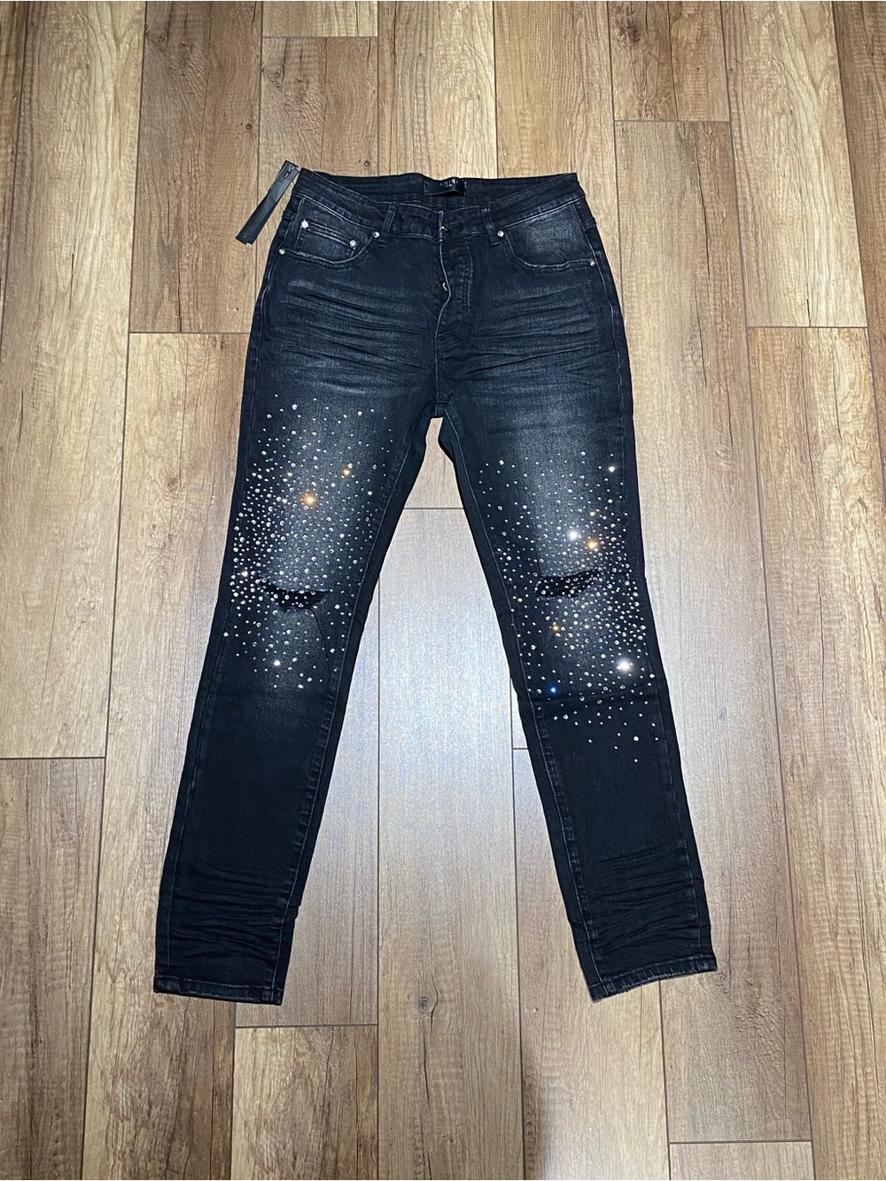Amiri Mens Black Slim Fit Ripped Jeans with VVS Rhinestones Waist Size 32
